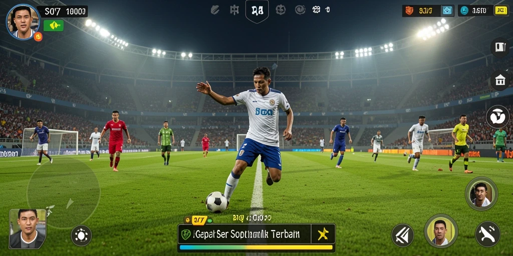 Tampilan gameplay mendebarkan dalam COO77, menampilkan aksi sepak bola yang seru.