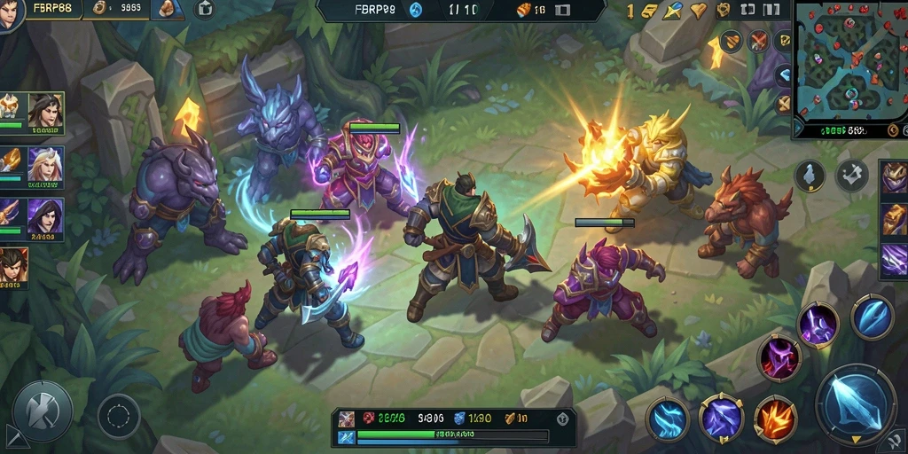 Tampilan gameplay FBRP88 dengan pertarungan karakter MOBA yang intens.