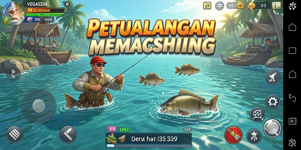 Tampilan gameplay VEGAS338 dengan pemandangan indah dan aktivitas memancing.
