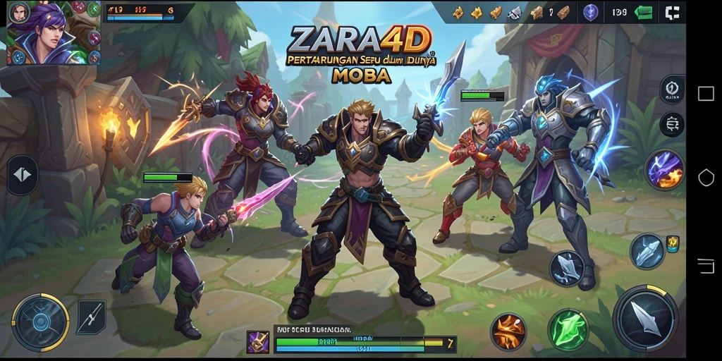 Screenshot gameplay ZARA4D menampilkan aksi tim yang intens di arena pertarungan.